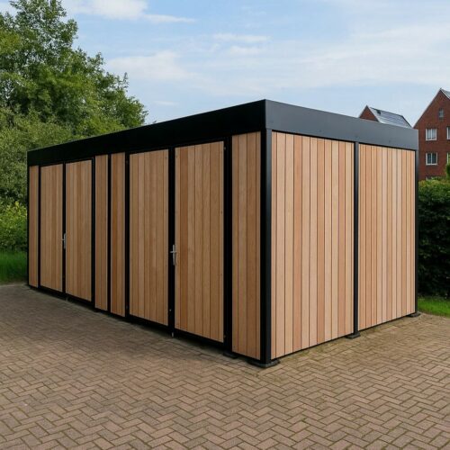 Afsluitbare fietsoverkapping Timber 22 Bescherm uw fietsen met de Timber overkapping: hoogwaardige FSC-houten wanden, volbad verzinkt en beschikbaar vanaf 3 meter lengte.
